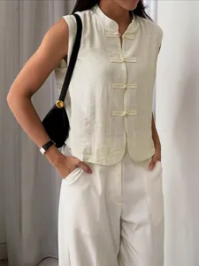 Damen Weste Chinesischer Stil Retro Ärmellos Stehkragen Froschknöpfe Crinkle Textur Viskose Tencel Aprikose Top