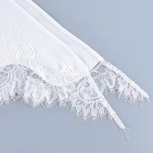 Detailed macro view of the elegant white eyelash lace trim on a stylish casual outfit