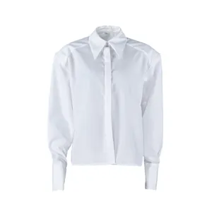 Élégant chemisier blanc à manches longues pour femme avec col pointu et poignets.