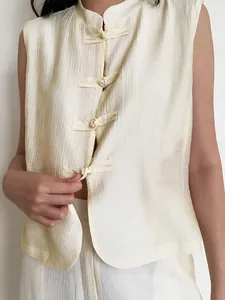 Ärmellose Weste im Vintage-China-Stil mit Stehkragen und elegantem Posamentenknopf