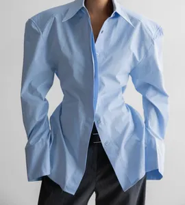 Vue détaillée d'une chemise bleu clair à manches longues avec une taille cintrée.