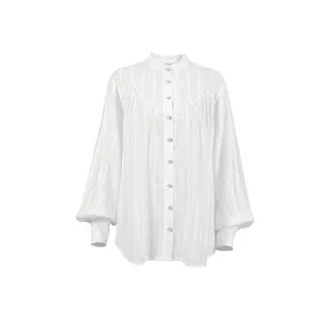 Elegant French style white cotton long-sleeve blouse with textured stripes and puff sleeves