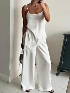 Women Satin Lace Trim Pants Set V Neck Sleeveless Cami Top And High Waist Straight Leg Trousers Two Piece Lounge Outfit