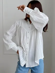 Elegant white French cotton blouse with stylish bubble sleeves for 2025 spring summer