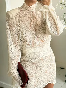 Elegant cream lace long sleeve blouse and A-line skirt two-piece fashion set