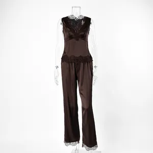 Full view of chocolate brown satin pajama set with lace trim on transparent mannequin.