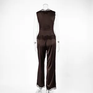 Back view of elegant brown satin sleepwear set with delicate black lace trim details.