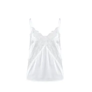 Detail view of a white satin camisole with delicate lace trim and v-neckline.