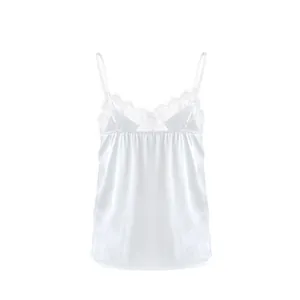 Detailed back view of a white silk satin camisole featuring delicate floral lace trim