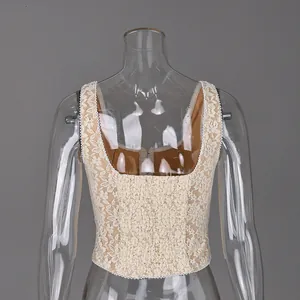 Back view detail of a sexy lace corset tank top with an elastic shirred panel