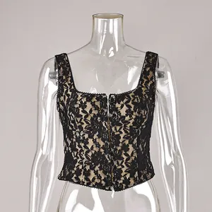 Detailed view of elegant black floral lace camisole vest shown on clear mannequin