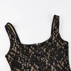 Detailed macro view of black floral lace corset camisole with front hook-and-eye closure