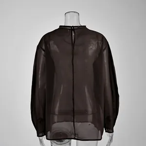 Vista trasera detallada de un top chic de malla transparente negra para mujeres de moda