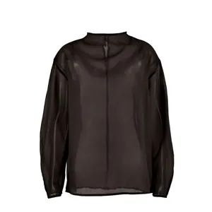 Elegante top de manga larga de malla transparente negra para mujer estilo chic
