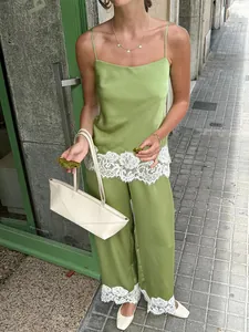 Women Sexy Satin Two Piece Set Lace Trim Cami Top And Straight Leg Pants Outfit Casual Summer Lounge Wear Top And Bottom