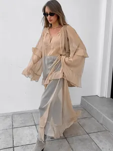 Khaki sheer ruffle dress bohemian sun protection cover-up for women spring fashion.