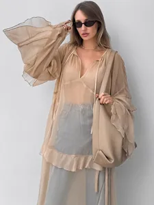 Elegant khaki sheer ruffled dress cover-up with long puff sleeves for women fashion