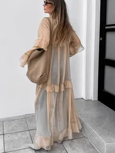 Stylish khaki sheer mesh long cover-up dress with ruffle details for women