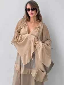 Elegant khaki ruffled long sleeve maxi dress with flowy sheer fabric and deep V-neckline