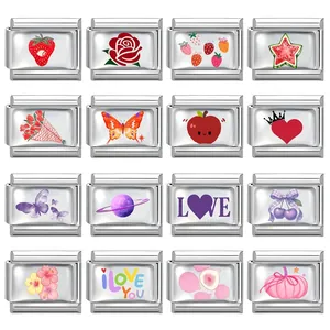Eslabones de Charme Modulares DIY Italianos de Acero Inoxidable Fruta Corazón Mariposa Cuentas de Esmalte para Fabricación de Pulseras Accesorios Joyería Mujer