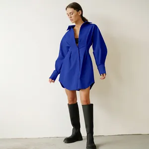 Gedetailleerd overzicht van een blauwe overhemdjurk in Franse stijl met getailleerd A-lijn