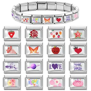 Pulsera de dijes modular italiana de acero inoxidable DIY con diseños de corazones