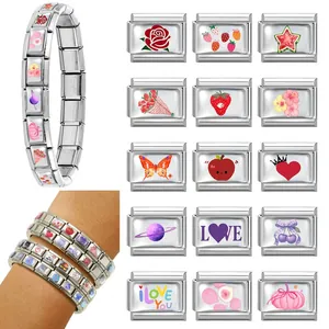 Eslabones de pulsera de dijes italianos de acero inoxidable con motivos de corazón