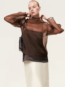 Elegante blusa de malla transparente de manga larga para mujer en color marrón chic