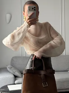 Elegante blusa minimalista de manga larga en malla transparente para mujer, beige