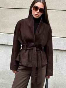 Stylish brown faux suede long sleeve jacket with vintage texture and waist belt detail