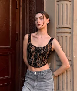 Sexy black floral lace camisole top for women featuring delicate mesh detailing
