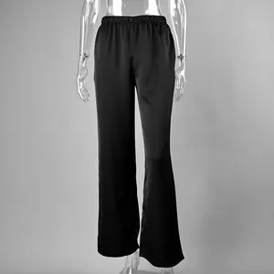 Elegant black acetate satin high-waisted straight-leg trousers with a silky drapey finish.