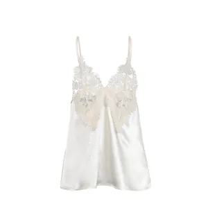Elegant white satin camisole featuring delicate lace V-neckline and slender straps.
