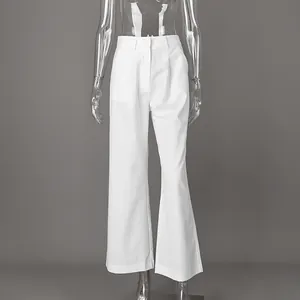 Detailed view of high-waisted white wide-leg trousers on a transparent mannequin.
