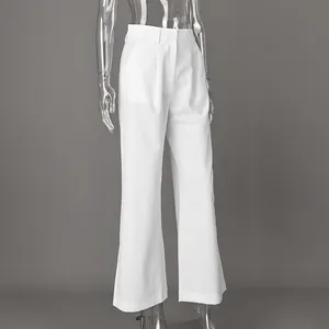 Detail of elegant white high-waisted wide-leg trousers for professional commuters.