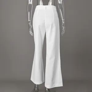 Back view of elegant white high-waisted wide-leg trousers featuring a sleek professional fit