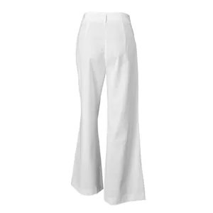 Back view of elegant white high-waist wide-leg trousers showing tailored details.