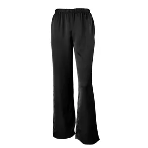 Detailed view of black imitation acetate satin trousers with high waist and drapey cut