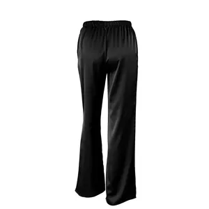 Elegant black high-waisted satin trousers with straight leg and a smooth drape finish.