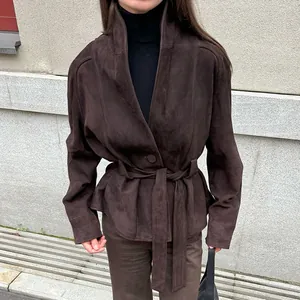 Retro Suede Long Sleeve Jacket Women Elegant Lapel Belted Slim Fit Frosted Velvet Coat Fashion Casual Warm Outerwear Jacket