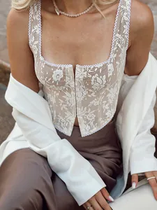 Women Sexy Floral Lace Camisole Corset Style Tank Top Slim Fit Fishbone Spaghetti Strap Sleeveless Party Outwear Top
