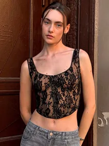 Sexy black floral lace camisole corset top for women in vintage street style