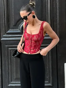 Elegant red lace corset camisole top with hook-and-eye closure for women fashion