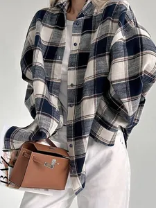 Dames Casual Geruit Lange Mouw Overhemd Jas Oversized Flanel Katoen Knoop Sluiting Blouse Top Ruit Patroon Voor Herfst Winter