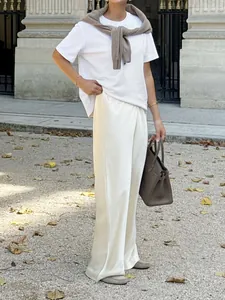 High waisted satin straight leg trousers in cream off-white for elegant commute style