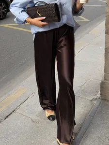 Women's High Waisted Straight Leg Pants Satin Look Acetate Look Loose Trousers Solid Color Office Commuter Bottoms