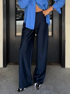 Elegant high waist navy blue acetate satin wide-leg trousers for a chic commute