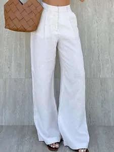 Women High Waisted Wide Leg Pants Cotton Linen Blend Loose Casual Trouser Elegant Commute Solid Color White Long Pants