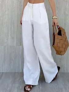 Elegant high-waisted white wide-leg trousers for stylish summer fashion office wear