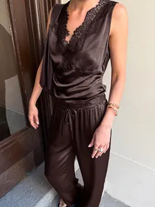 Elegant dark brown satin two-piece set with lace V-neck tank and straight pants